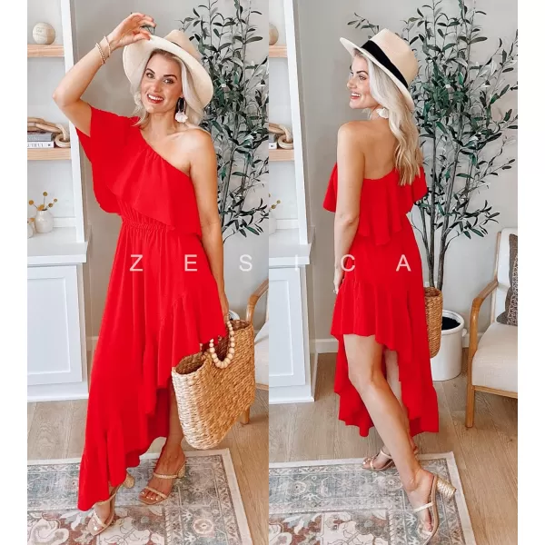 imageZESICA Womens 2023 Summer Boho One Shoulder Sleeveless Ruffle Asymmetrical High Low Flowy Prom Gown Wedding Long DressRed