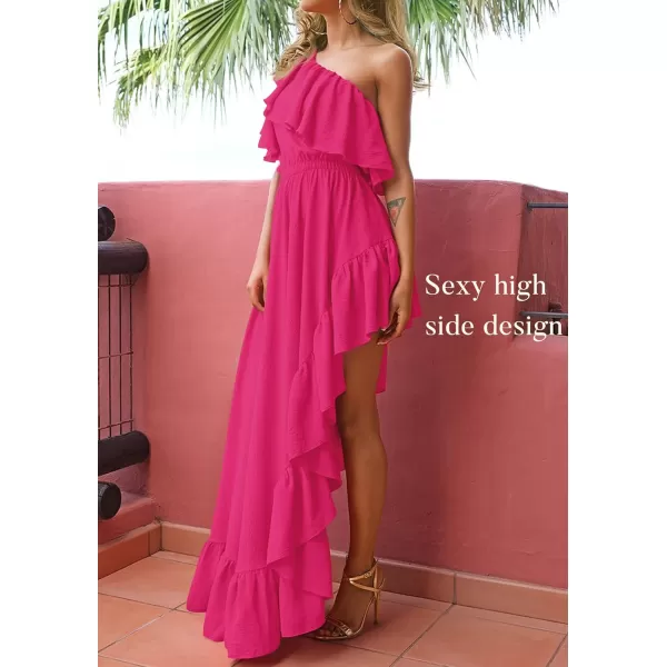 imageZESICA Womens 2023 Summer Boho One Shoulder Sleeveless Ruffle Asymmetrical High Low Flowy Prom Gown Wedding Long DressRose
