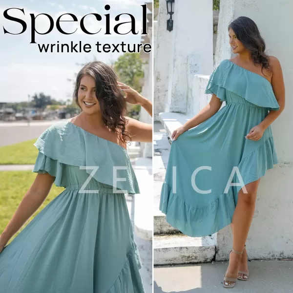 imageZESICA Womens 2023 Summer Boho One Shoulder Sleeveless Ruffle Asymmetrical High Low Flowy Prom Gown Wedding Long DressSage