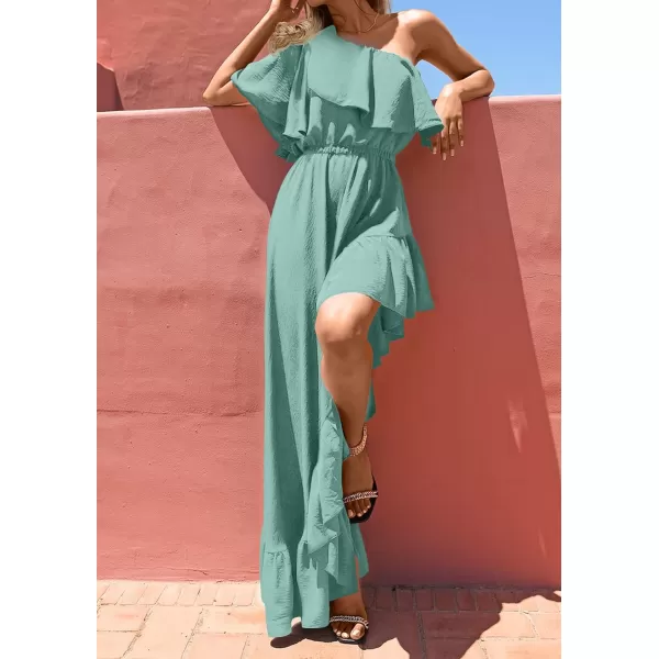 imageZESICA Womens 2023 Summer Boho One Shoulder Sleeveless Ruffle Asymmetrical High Low Flowy Prom Gown Wedding Long DressSage