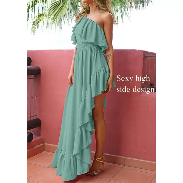 imageZESICA Womens 2023 Summer Boho One Shoulder Sleeveless Ruffle Asymmetrical High Low Flowy Prom Gown Wedding Long DressSage