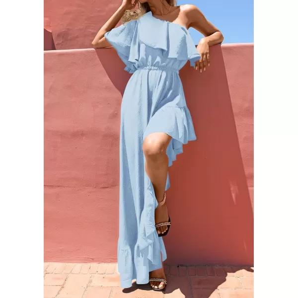 imageZESICA Womens 2023 Summer Boho One Shoulder Sleeveless Ruffle Asymmetrical High Low Flowy Prom Gown Wedding Long DressSkyblue