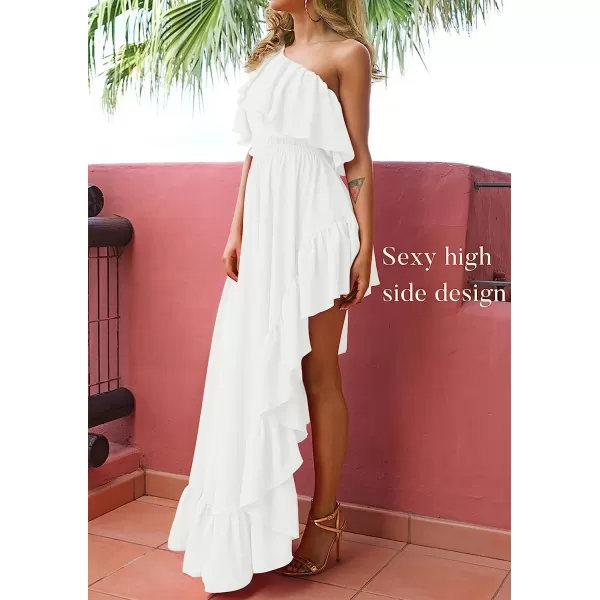 imageZESICA Womens 2023 Summer Boho One Shoulder Sleeveless Ruffle Asymmetrical High Low Flowy Prom Gown Wedding Long DressWhite