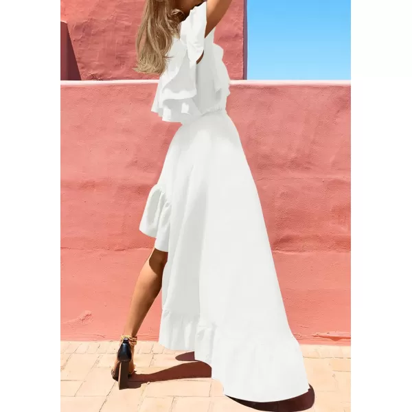 imageZESICA Womens 2023 Summer Boho One Shoulder Sleeveless Ruffle Asymmetrical High Low Flowy Prom Gown Wedding Long DressWhite