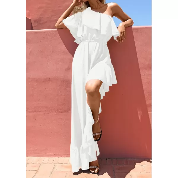 imageZESICA Womens 2023 Summer Boho One Shoulder Sleeveless Ruffle Asymmetrical High Low Flowy Prom Gown Wedding Long DressWhite