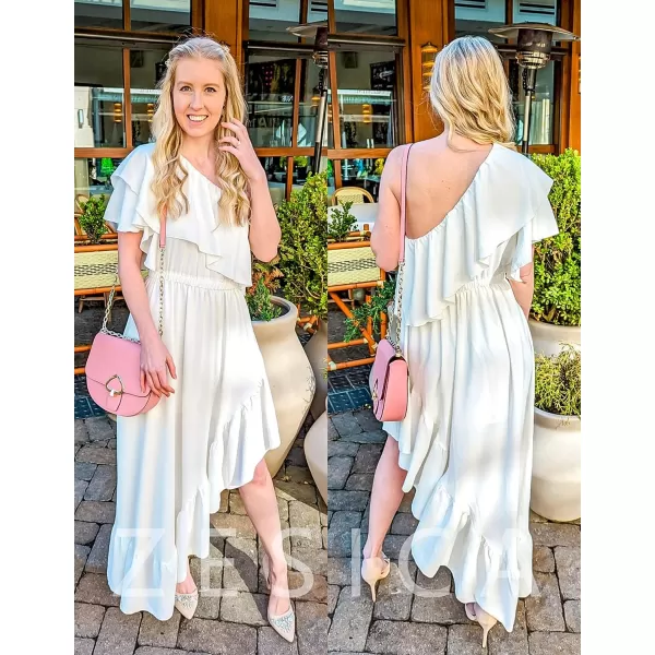 imageZESICA Womens 2023 Summer Boho One Shoulder Sleeveless Ruffle Asymmetrical High Low Flowy Prom Gown Wedding Long DressWhite