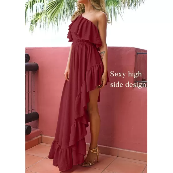 imageZESICA Womens 2023 Summer Boho One Shoulder Sleeveless Ruffle Asymmetrical High Low Flowy Prom Gown Wedding Long DressWine