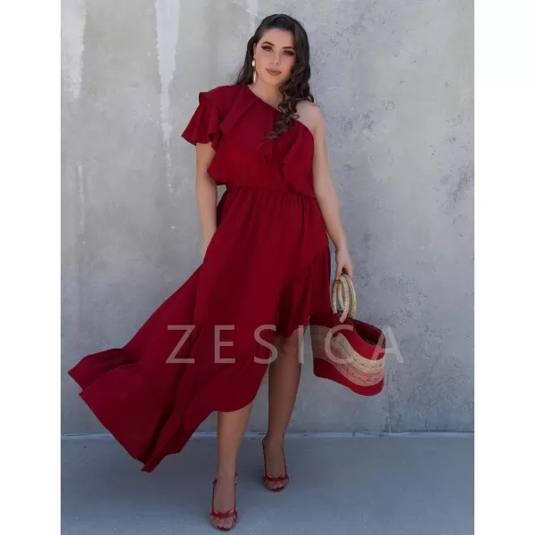 imageZESICA Womens 2023 Summer Boho One Shoulder Sleeveless Ruffle Asymmetrical High Low Flowy Prom Gown Wedding Long DressWine