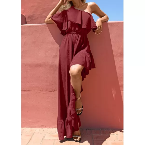imageZESICA Womens 2023 Summer Boho One Shoulder Sleeveless Ruffle Asymmetrical High Low Flowy Prom Gown Wedding Long DressWine