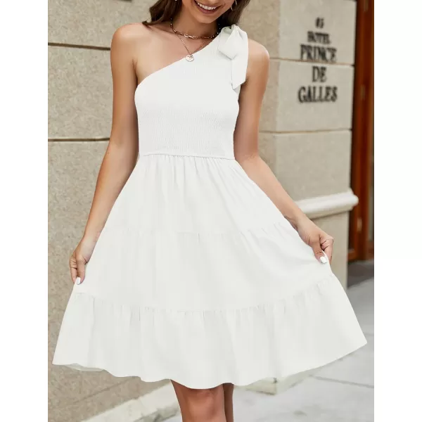 imageZESICA Womens 2023 Summer Boho One Shoulder Sleeveless Solid Color Smocked Tiered Ruffle A Line Swing Short Mini DressZESICA Womens 2023 Summer Boho One Shoulder Sleeveless Solid Color Smocked Tiered Ruffle A Line Swing Short Mini Dress