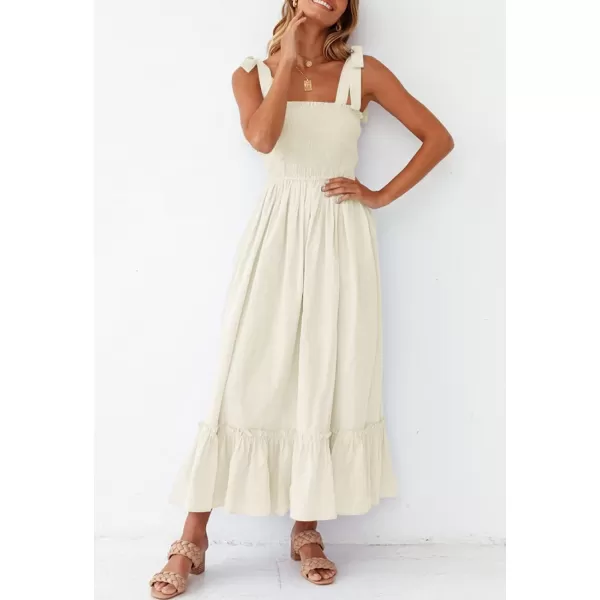 imageZESICA Womens 2023 Summer Boho Spaghetti Strap Square Neck Solid Color Ruffle A Line Beach Long Maxi DressApricot