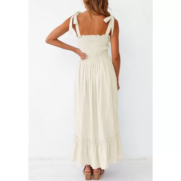 imageZESICA Womens 2023 Summer Boho Spaghetti Strap Square Neck Solid Color Ruffle A Line Beach Long Maxi DressApricot