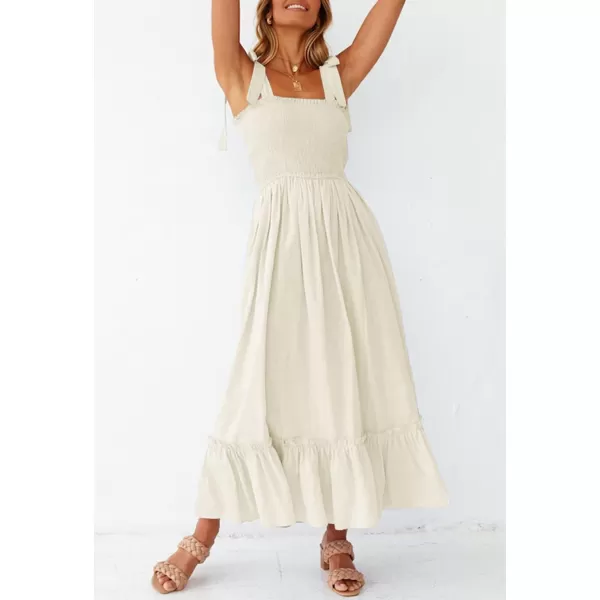 imageZESICA Womens 2023 Summer Boho Spaghetti Strap Square Neck Solid Color Ruffle A Line Beach Long Maxi DressApricot