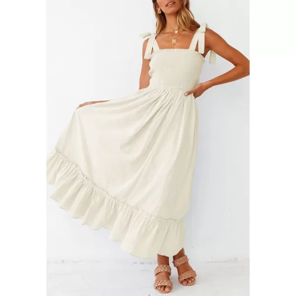 imageZESICA Womens 2023 Summer Boho Spaghetti Strap Square Neck Solid Color Ruffle A Line Beach Long Maxi DressApricot