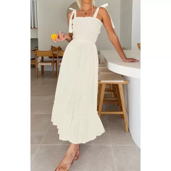 imageZESICA Womens 2023 Summer Boho Spaghetti Strap Square Neck Solid Color Ruffle A Line Beach Long Maxi DressApricot
