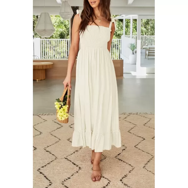 imageZESICA Womens 2023 Summer Boho Spaghetti Strap Square Neck Solid Color Ruffle A Line Beach Long Maxi DressApricot