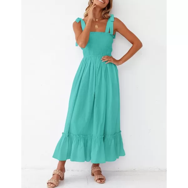 imageZESICA Womens 2023 Summer Boho Spaghetti Strap Square Neck Solid Color Ruffle A Line Beach Long Maxi DressAqua