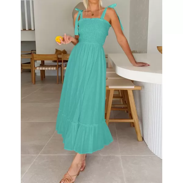 imageZESICA Womens 2023 Summer Boho Spaghetti Strap Square Neck Solid Color Ruffle A Line Beach Long Maxi DressAqua