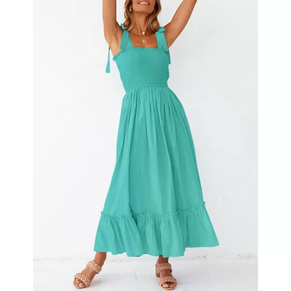 imageZESICA Womens 2023 Summer Boho Spaghetti Strap Square Neck Solid Color Ruffle A Line Beach Long Maxi DressAqua