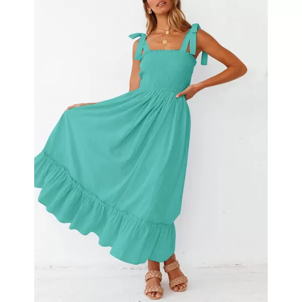 imageZESICA Womens 2023 Summer Boho Spaghetti Strap Square Neck Solid Color Ruffle A Line Beach Long Maxi DressAqua