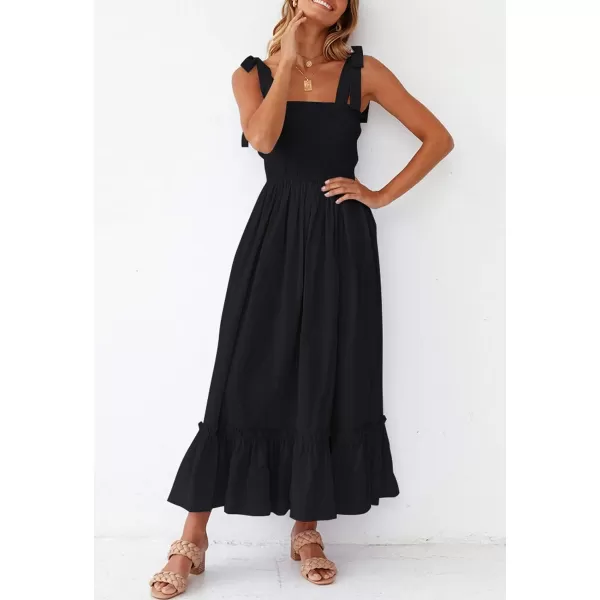 imageZESICA Womens 2023 Summer Boho Spaghetti Strap Square Neck Solid Color Ruffle A Line Beach Long Maxi DressBlack