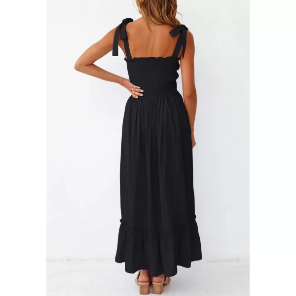 imageZESICA Womens 2023 Summer Boho Spaghetti Strap Square Neck Solid Color Ruffle A Line Beach Long Maxi DressBlack