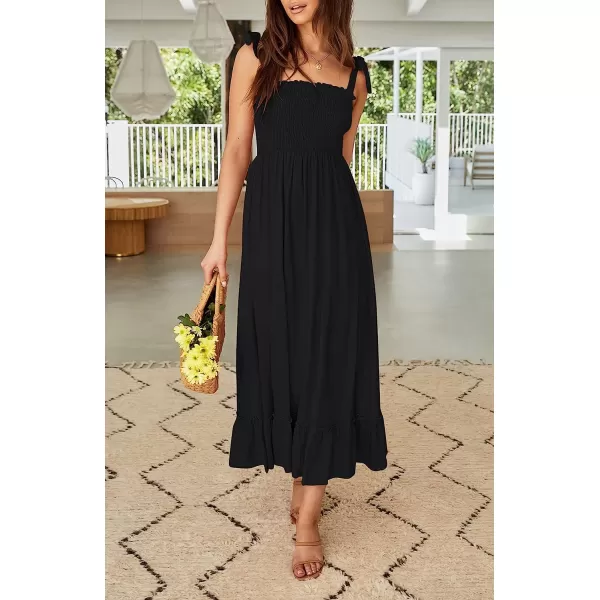 imageZESICA Womens 2023 Summer Boho Spaghetti Strap Square Neck Solid Color Ruffle A Line Beach Long Maxi DressBlack