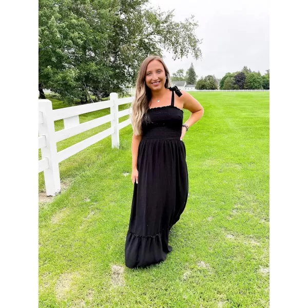imageZESICA Womens 2023 Summer Boho Spaghetti Strap Square Neck Solid Color Ruffle A Line Beach Long Maxi DressBlack