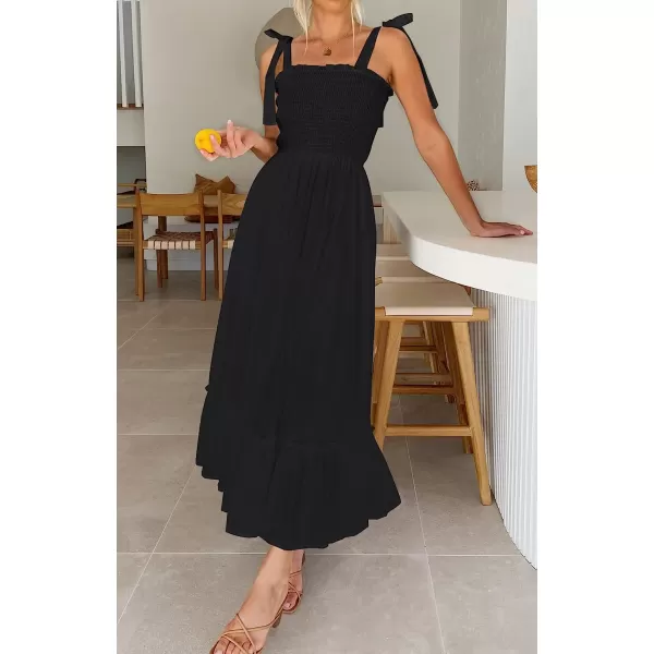 imageZESICA Womens 2023 Summer Boho Spaghetti Strap Square Neck Solid Color Ruffle A Line Beach Long Maxi DressBlack