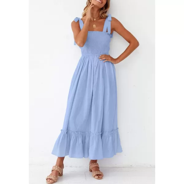 imageZESICA Womens 2023 Summer Boho Spaghetti Strap Square Neck Solid Color Ruffle A Line Beach Long Maxi DressBlue