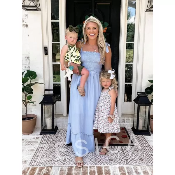 imageZESICA Womens 2023 Summer Boho Spaghetti Strap Square Neck Solid Color Ruffle A Line Beach Long Maxi DressBlue