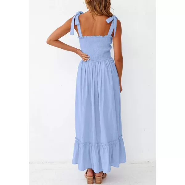 imageZESICA Womens 2023 Summer Boho Spaghetti Strap Square Neck Solid Color Ruffle A Line Beach Long Maxi DressBlue