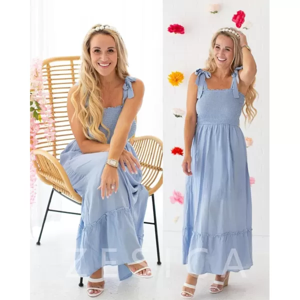 imageZESICA Womens 2023 Summer Boho Spaghetti Strap Square Neck Solid Color Ruffle A Line Beach Long Maxi DressBlue
