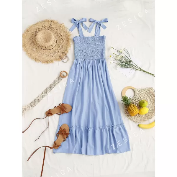imageZESICA Womens 2023 Summer Boho Spaghetti Strap Square Neck Solid Color Ruffle A Line Beach Long Maxi DressBlue