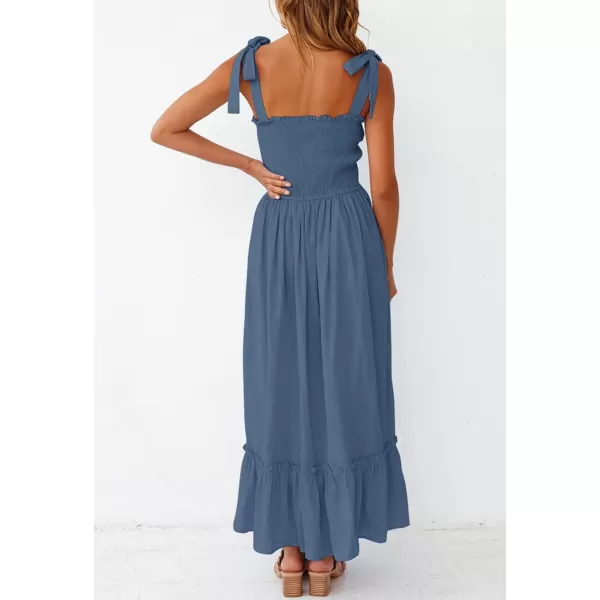 imageZESICA Womens 2023 Summer Boho Spaghetti Strap Square Neck Solid Color Ruffle A Line Beach Long Maxi DressDustyblue