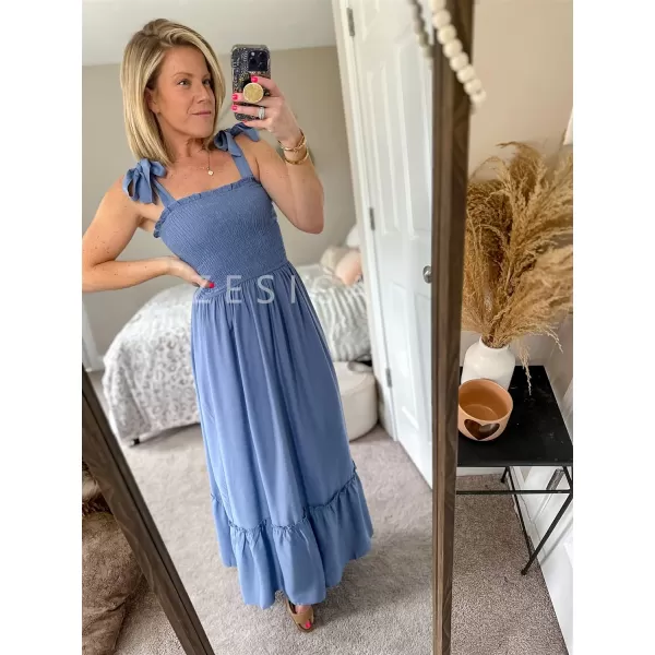 imageZESICA Womens 2023 Summer Boho Spaghetti Strap Square Neck Solid Color Ruffle A Line Beach Long Maxi DressDustyblue