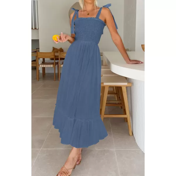 imageZESICA Womens 2023 Summer Boho Spaghetti Strap Square Neck Solid Color Ruffle A Line Beach Long Maxi DressDustyblue