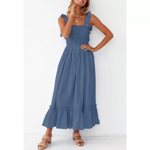 imageZESICA Womens 2023 Summer Boho Spaghetti Strap Square Neck Solid Color Ruffle A Line Beach Long Maxi DressDustyblue