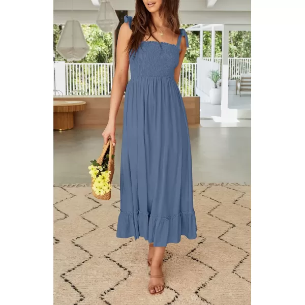 imageZESICA Womens 2023 Summer Boho Spaghetti Strap Square Neck Solid Color Ruffle A Line Beach Long Maxi DressDustyblue