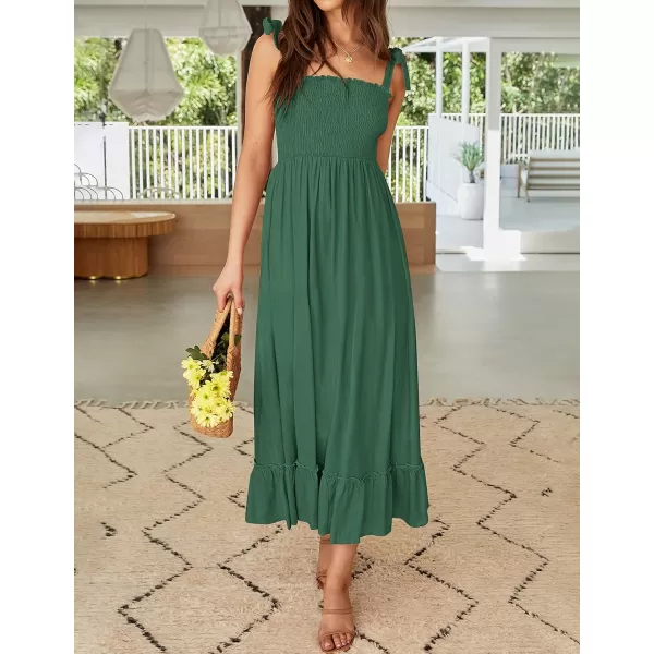 imageZESICA Womens 2023 Summer Boho Spaghetti Strap Square Neck Solid Color Ruffle A Line Beach Long Maxi DressForestgreen