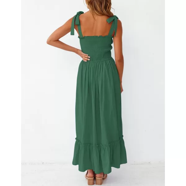 imageZESICA Womens 2023 Summer Boho Spaghetti Strap Square Neck Solid Color Ruffle A Line Beach Long Maxi DressForestgreen