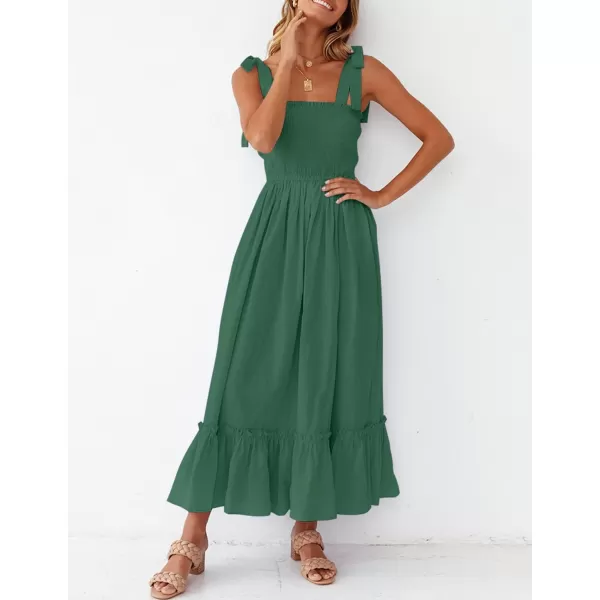 imageZESICA Womens 2023 Summer Boho Spaghetti Strap Square Neck Solid Color Ruffle A Line Beach Long Maxi DressForestgreen