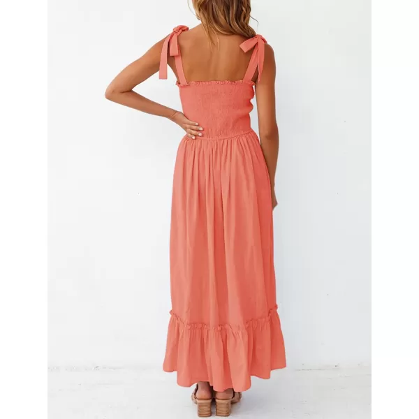 imageZESICA Womens 2023 Summer Boho Spaghetti Strap Square Neck Solid Color Ruffle A Line Beach Long Maxi DressGrapefruit