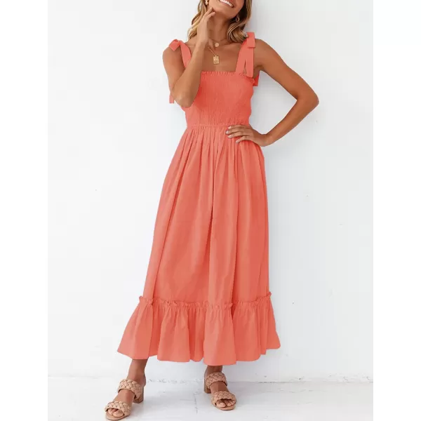 imageZESICA Womens 2023 Summer Boho Spaghetti Strap Square Neck Solid Color Ruffle A Line Beach Long Maxi DressGrapefruit