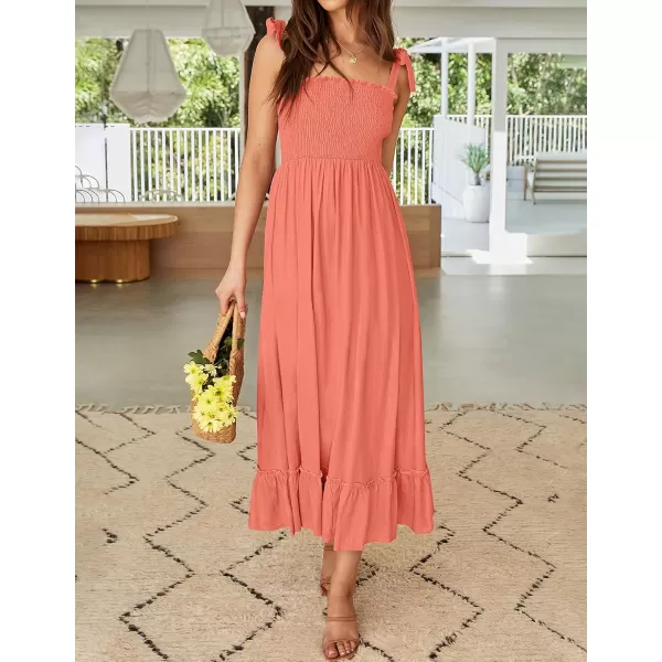 imageZESICA Womens 2023 Summer Boho Spaghetti Strap Square Neck Solid Color Ruffle A Line Beach Long Maxi DressGrapefruit