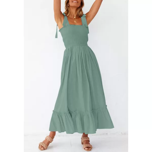 imageZESICA Womens 2023 Summer Boho Spaghetti Strap Square Neck Solid Color Ruffle A Line Beach Long Maxi DressGreen