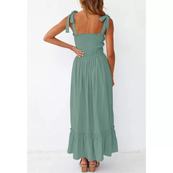 imageZESICA Womens 2023 Summer Boho Spaghetti Strap Square Neck Solid Color Ruffle A Line Beach Long Maxi DressGreen
