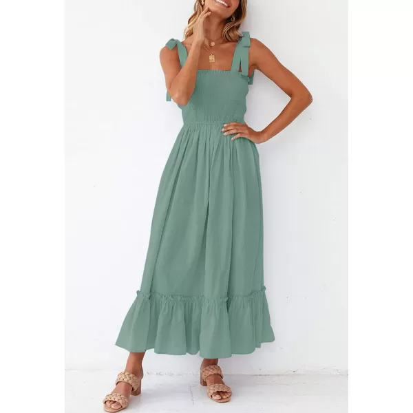 imageZESICA Womens 2023 Summer Boho Spaghetti Strap Square Neck Solid Color Ruffle A Line Beach Long Maxi DressGreen
