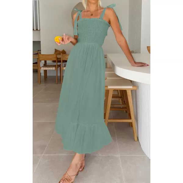 imageZESICA Womens 2023 Summer Boho Spaghetti Strap Square Neck Solid Color Ruffle A Line Beach Long Maxi DressGreen