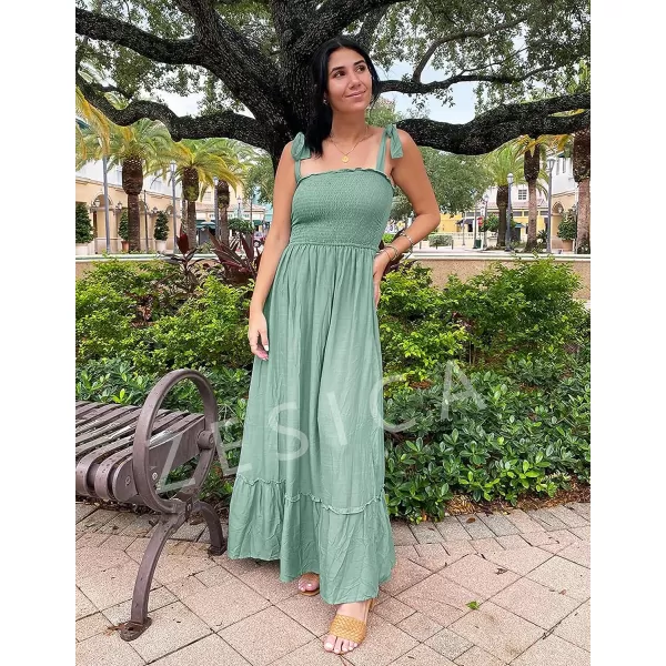 imageZESICA Womens 2023 Summer Boho Spaghetti Strap Square Neck Solid Color Ruffle A Line Beach Long Maxi DressGreen